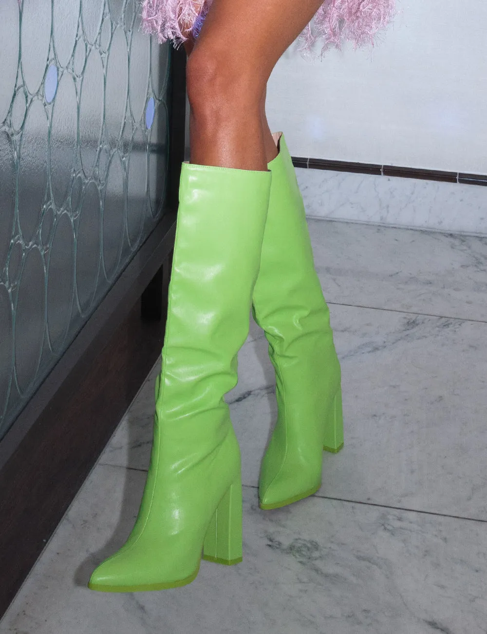 Far Away Lime Grain PU Square Toe Knee High Block Boots sold by Public Desire product image thumbnail 5