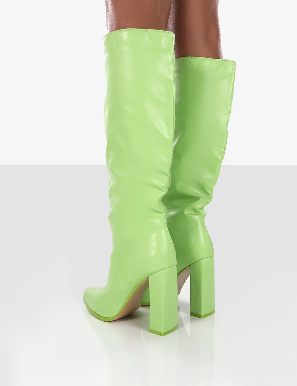 Far Away Lime Grain PU Square Toe Knee High Block Boots sold by Public Desire product image thumbnail 2