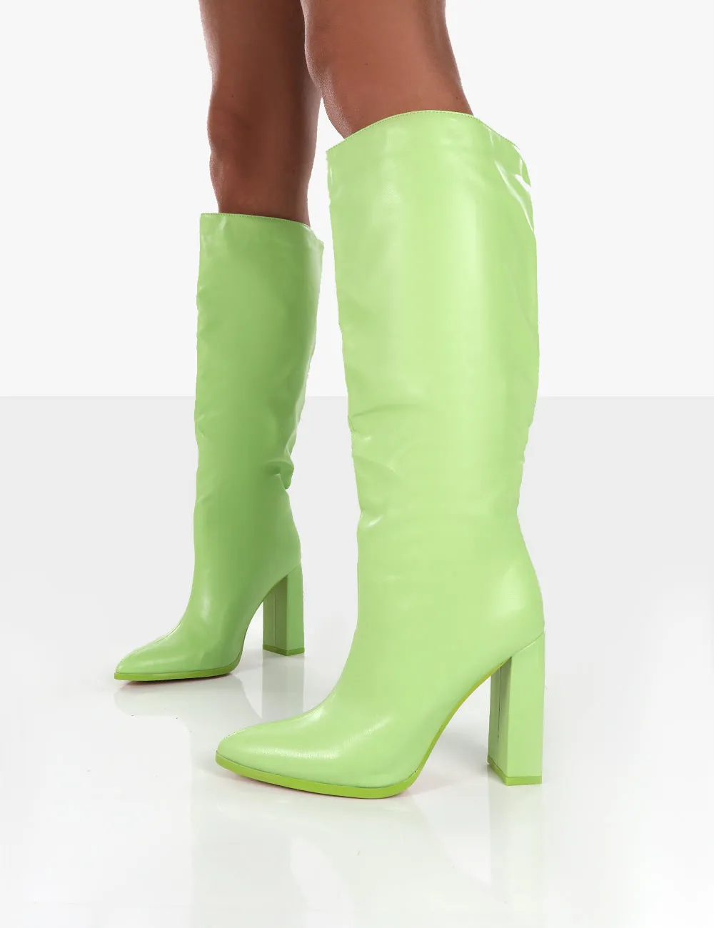 Far Away Lime Grain PU Square Toe Knee High Block Boots sold by Public Desire product image thumbnail 4