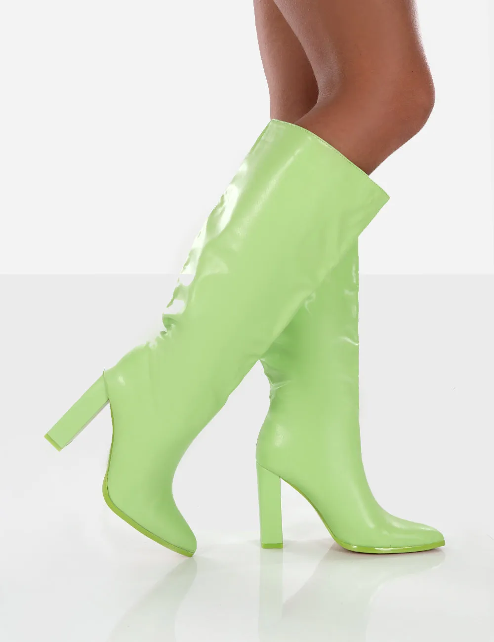 Far Away Lime Grain PU Square Toe Knee High Block Boots sold by Public Desire product image thumbnail 3