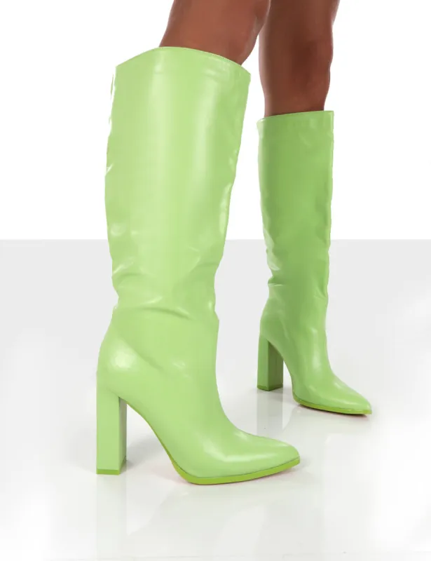 Far Away Lime Grain PU Square Toe Knee High Block Boots made by Public Desire