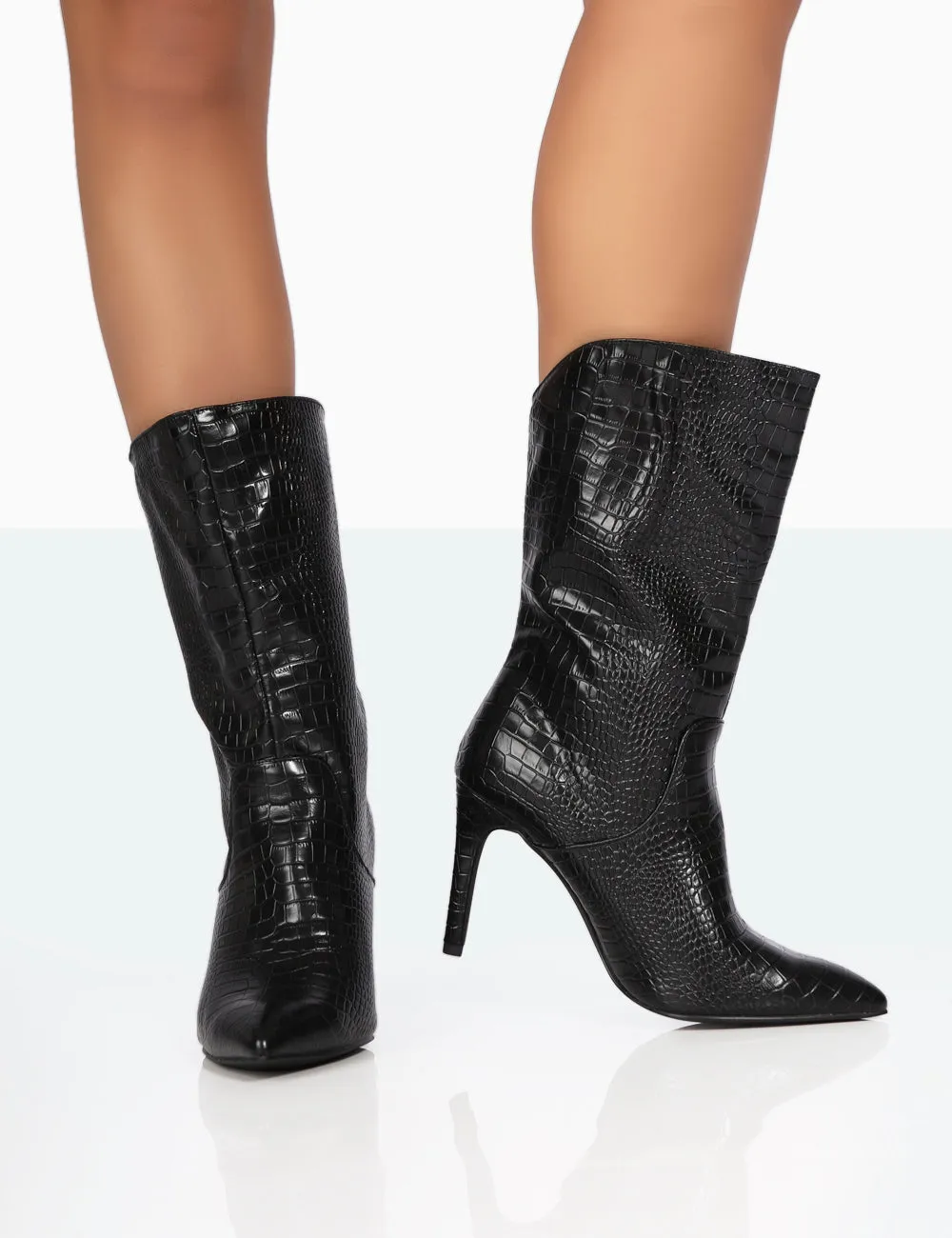 Lisel Wide Fit Black Croc Pu Pointed Toe Stiletto Heeled Ankle Boots sold by Public Desire product image thumbnail 4