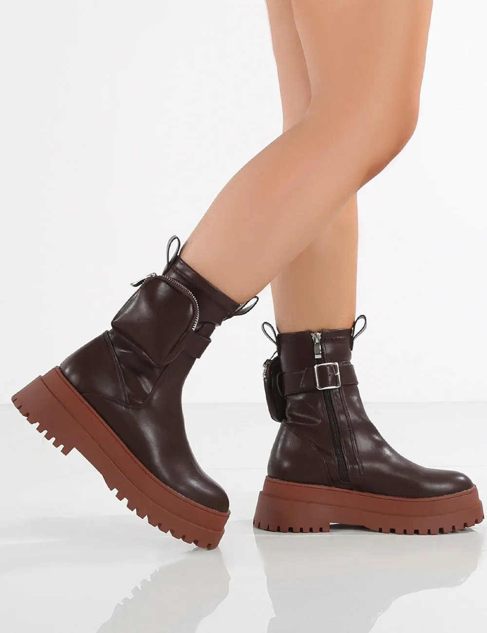 Amber x Public Desire Thought Chocolate PU Tan Chunky Sole Ankle Boot sold by Public Desire product image thumbnail 4