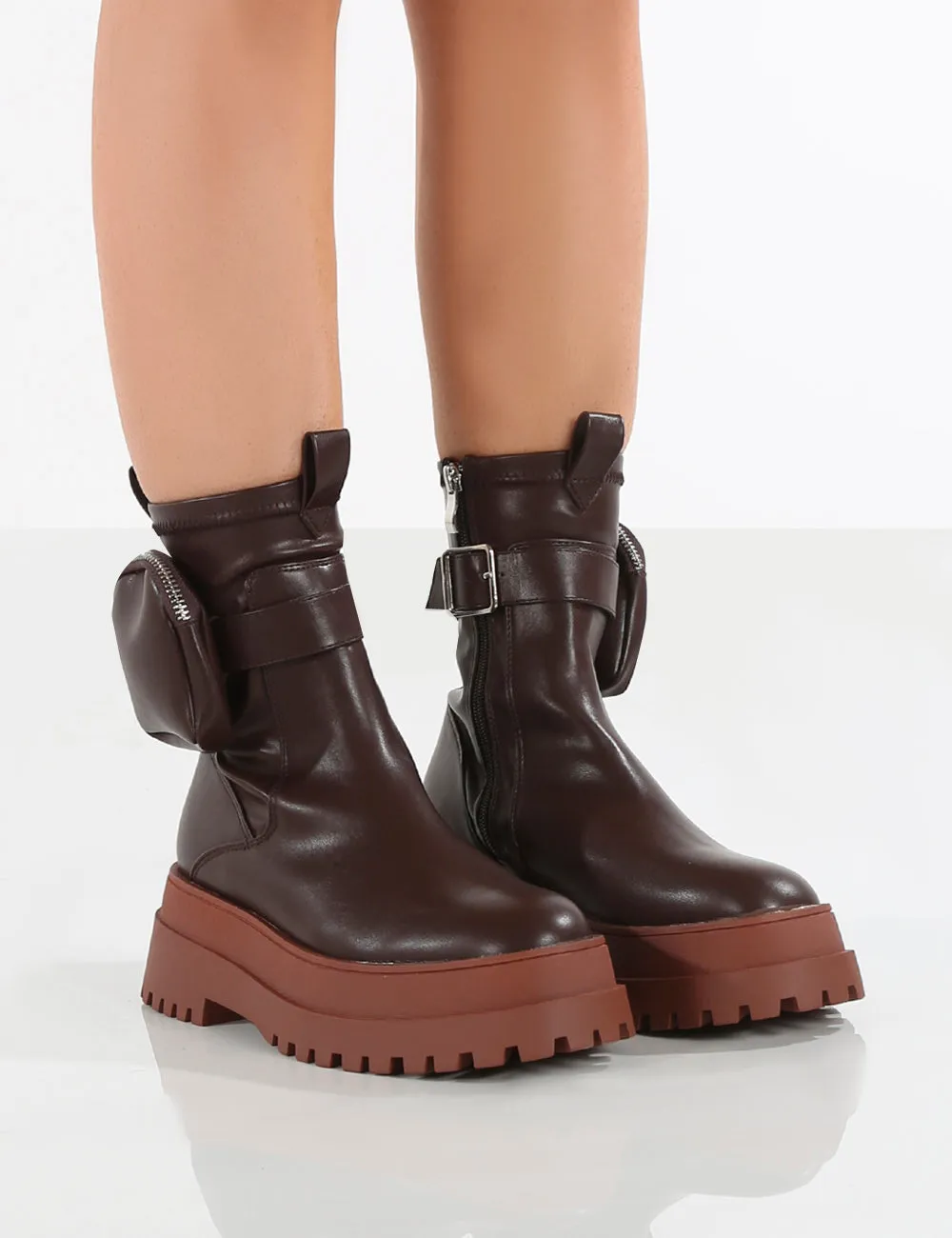 Amber x Public Desire Thought Chocolate PU Tan Chunky Sole Ankle Boot sold by Public Desire