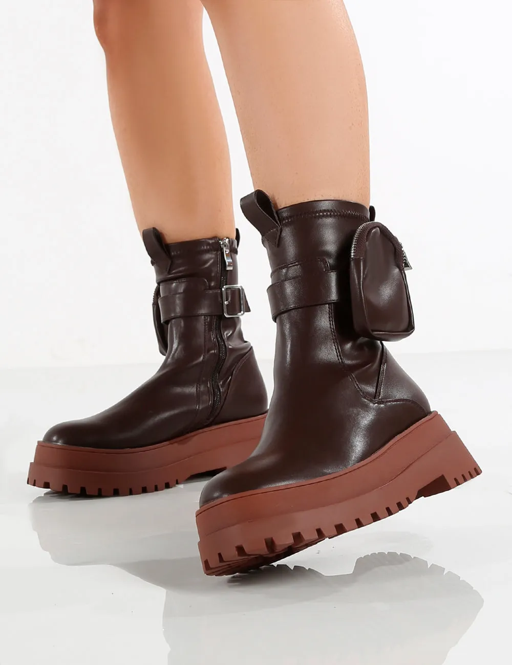 Amber x Public Desire Thought Chocolate PU Tan Chunky Sole Ankle Boot sold by Public Desire product image thumbnail 3
