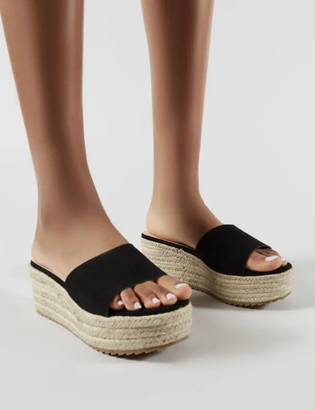 Cami Flatform Espadrille Sliders in Black Faux Suede sold by Public Desire