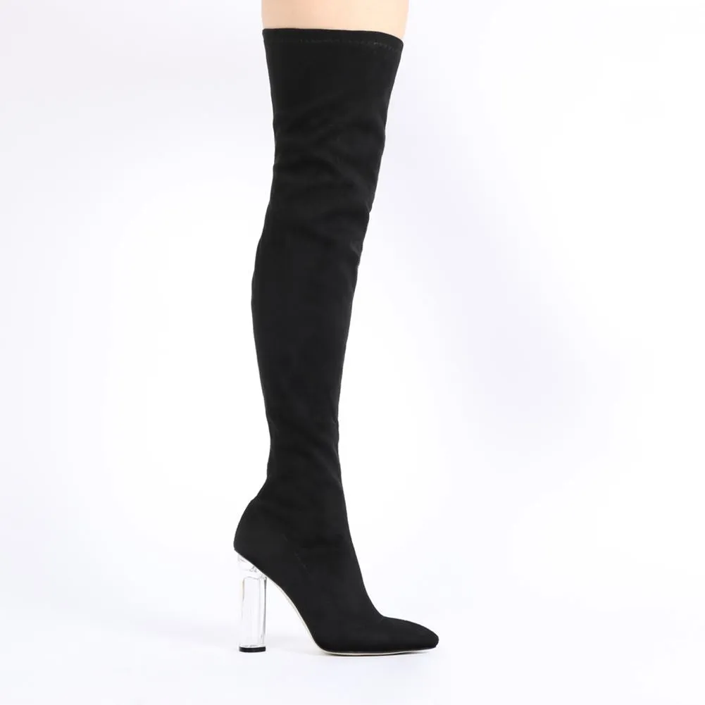 Dominique Long Boots in Black Faux Suede With Clear Perspex Heel sold by Public Desire product image thumbnail 4
