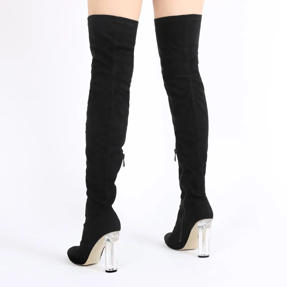 Dominique Long Boots in Black Faux Suede With Clear Perspex Heel sold by Public Desire product image thumbnail 3