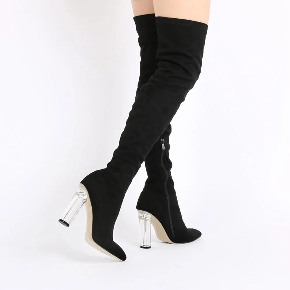 Dominique Long Boots in Black Faux Suede With Clear Perspex Heel sold by Public Desire product image thumbnail 5