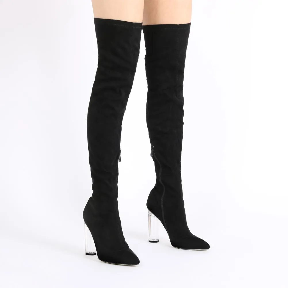 Dominique Long Boots in Black Faux Suede With Clear Perspex Heel sold by Public Desire product image thumbnail 2