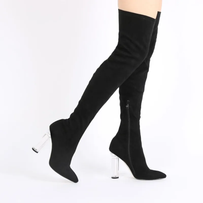 Dominique Long Boots in Black Faux Suede With Clear Perspex Heel sold by Public Desire