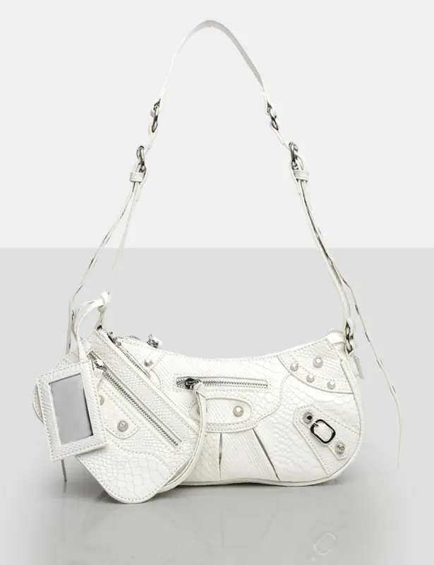 The Trackstar White Croc Pu Studded Mirror Zip Detail Handbag sold by Public Desire