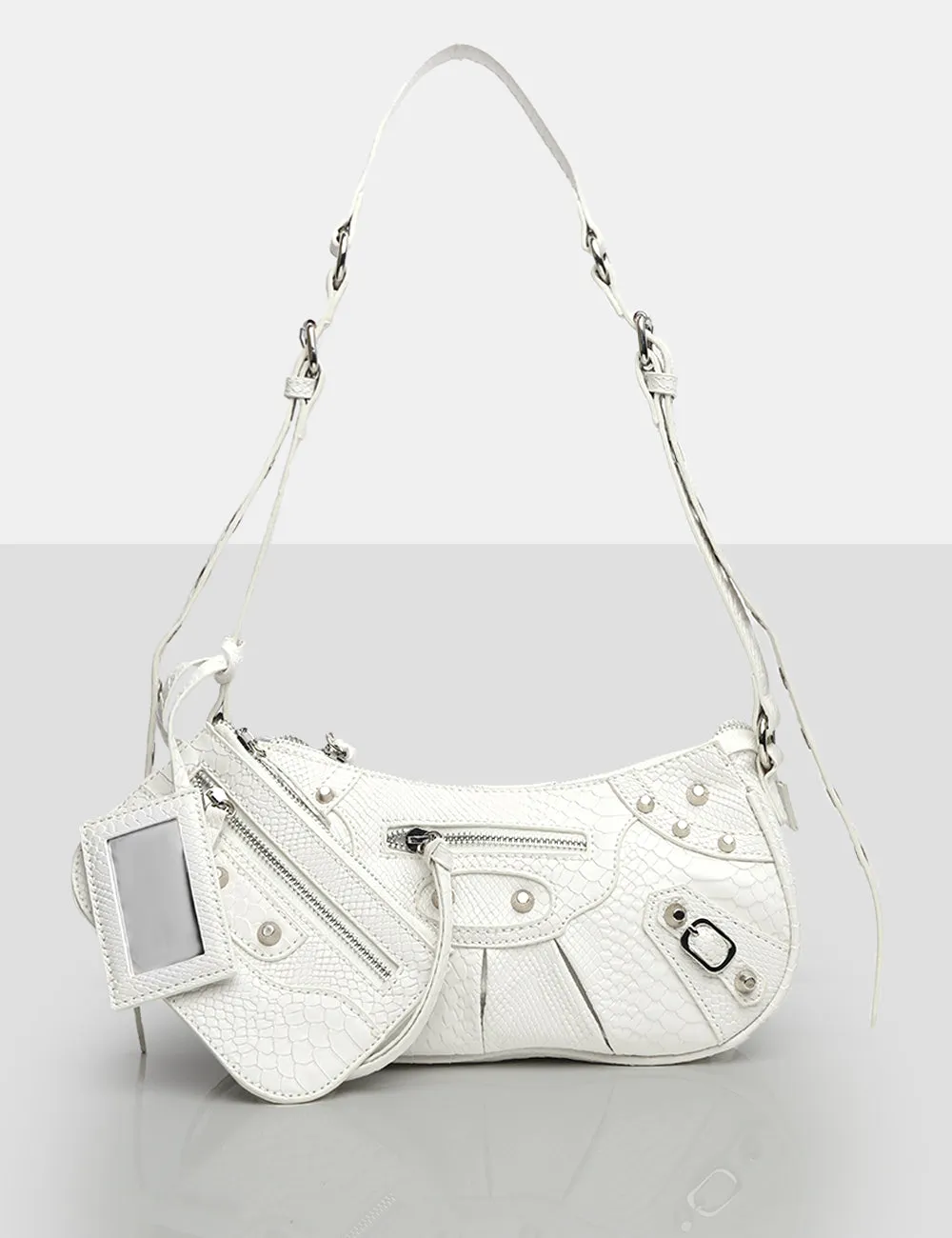 The Trackstar White Croc Pu Studded Mirror Zip Detail Handbag sold by Public Desire