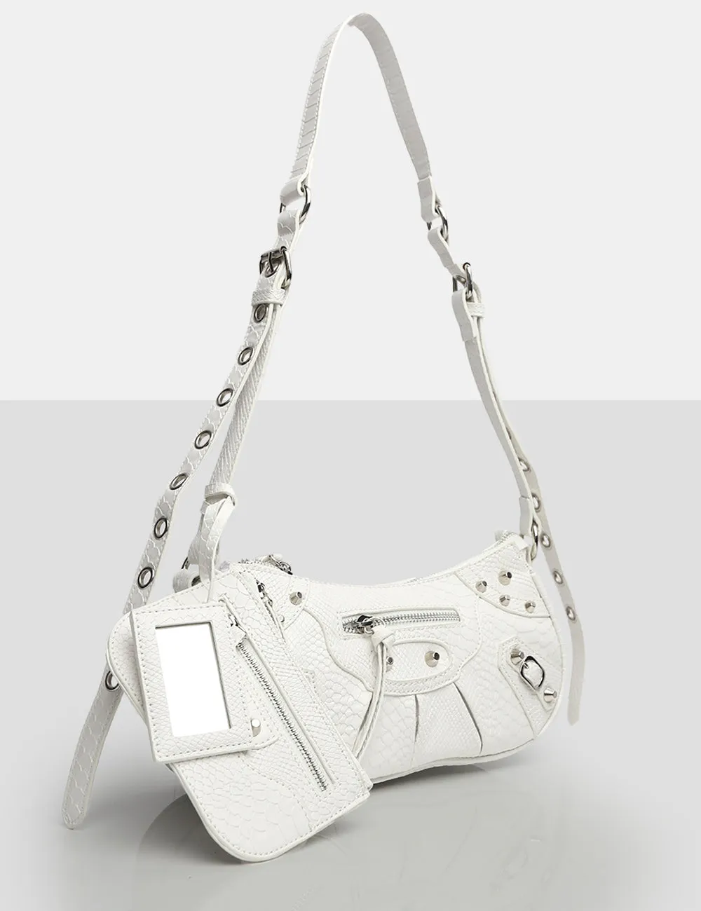 The Trackstar White Croc Pu Studded Mirror Zip Detail Handbag sold by Public Desire product image thumbnail 3