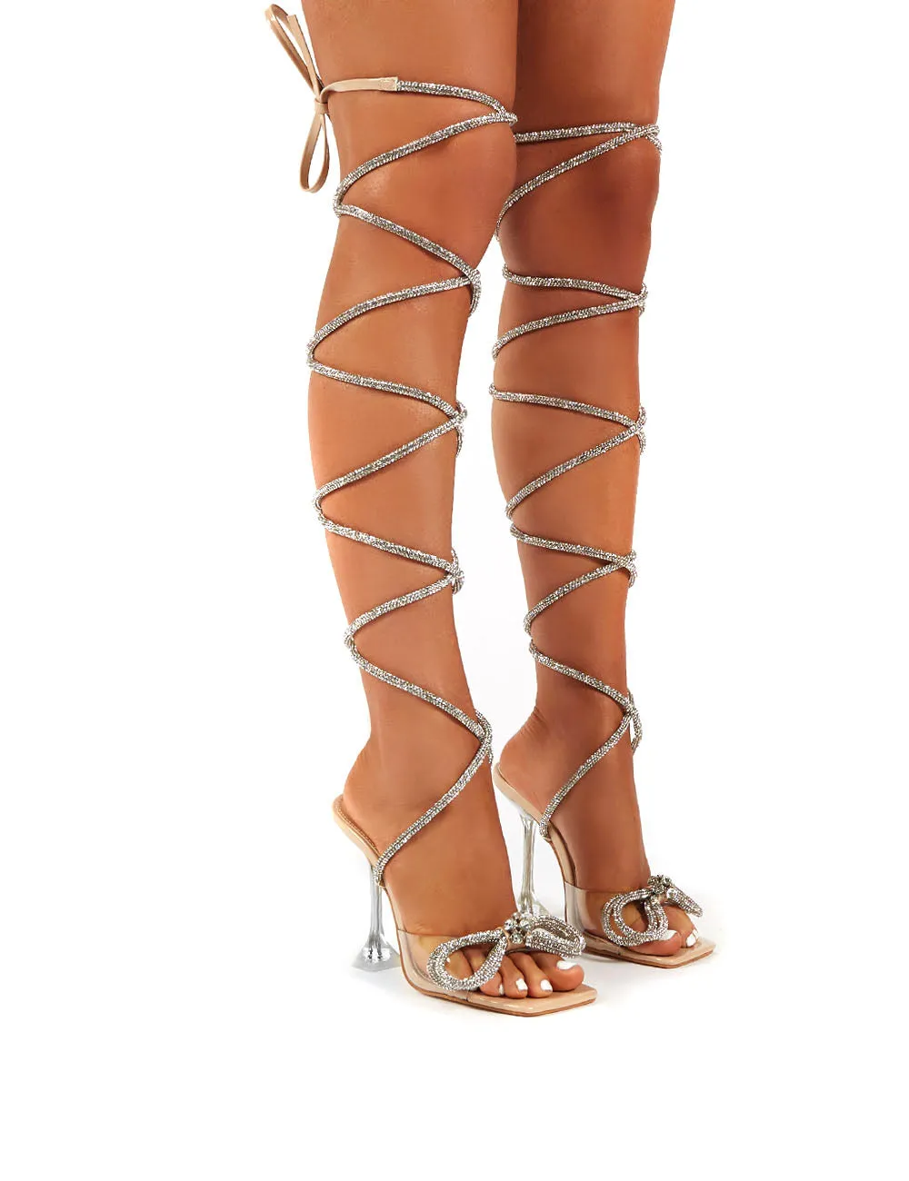 Queenie Nude Lace up Diamante Bow Square Toe Heels sold by Public Desire