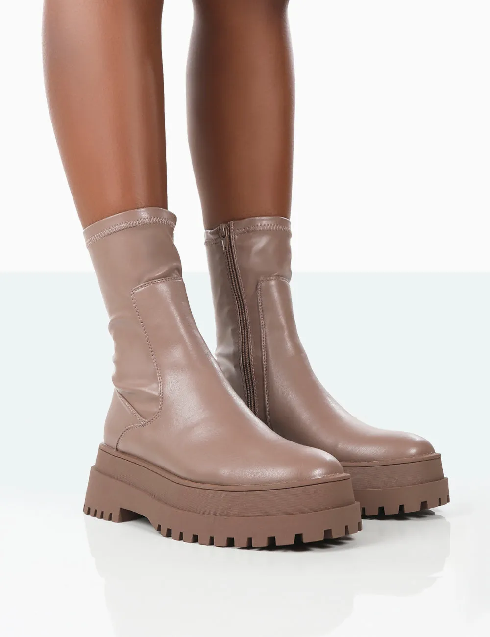 Rusty Mocha Pu Chunky Sole Platform Sock Ankle Boots sold by Public Desire