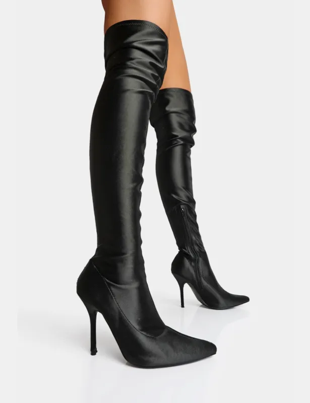 Instinct Black Lycra Pointed Toe Stiletto Over The Knee Boots sold by Public Desire