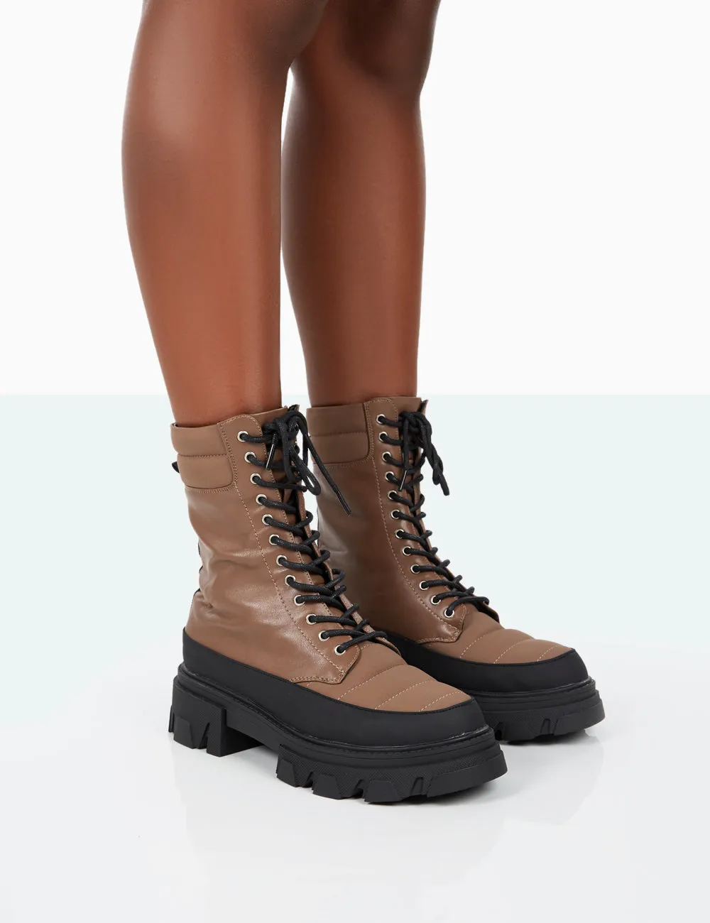 Refresh Mocha PU Nylon Lace Up Platform Chunky Sole Ankle Boots sold by Public Desire