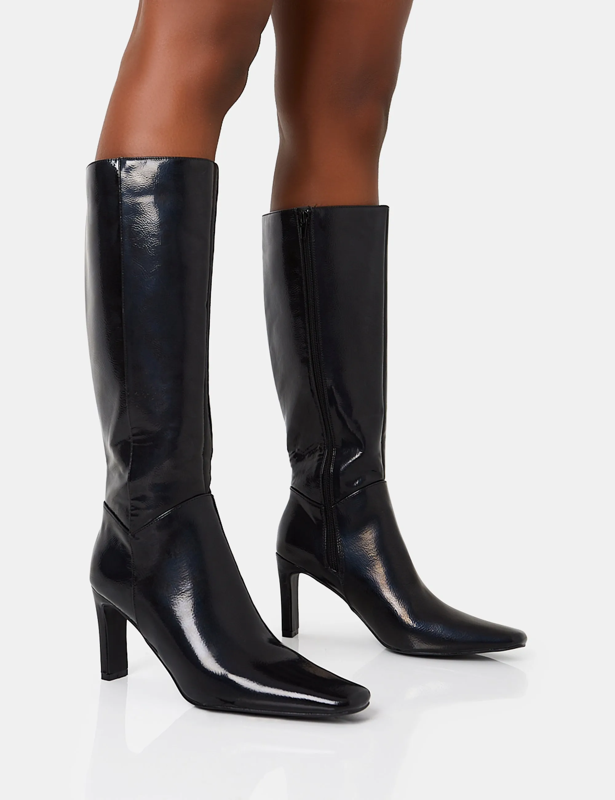 Pose Black Textured Pu Zip Up Knee High Slim Block Heeled Boots sold by Public Desire