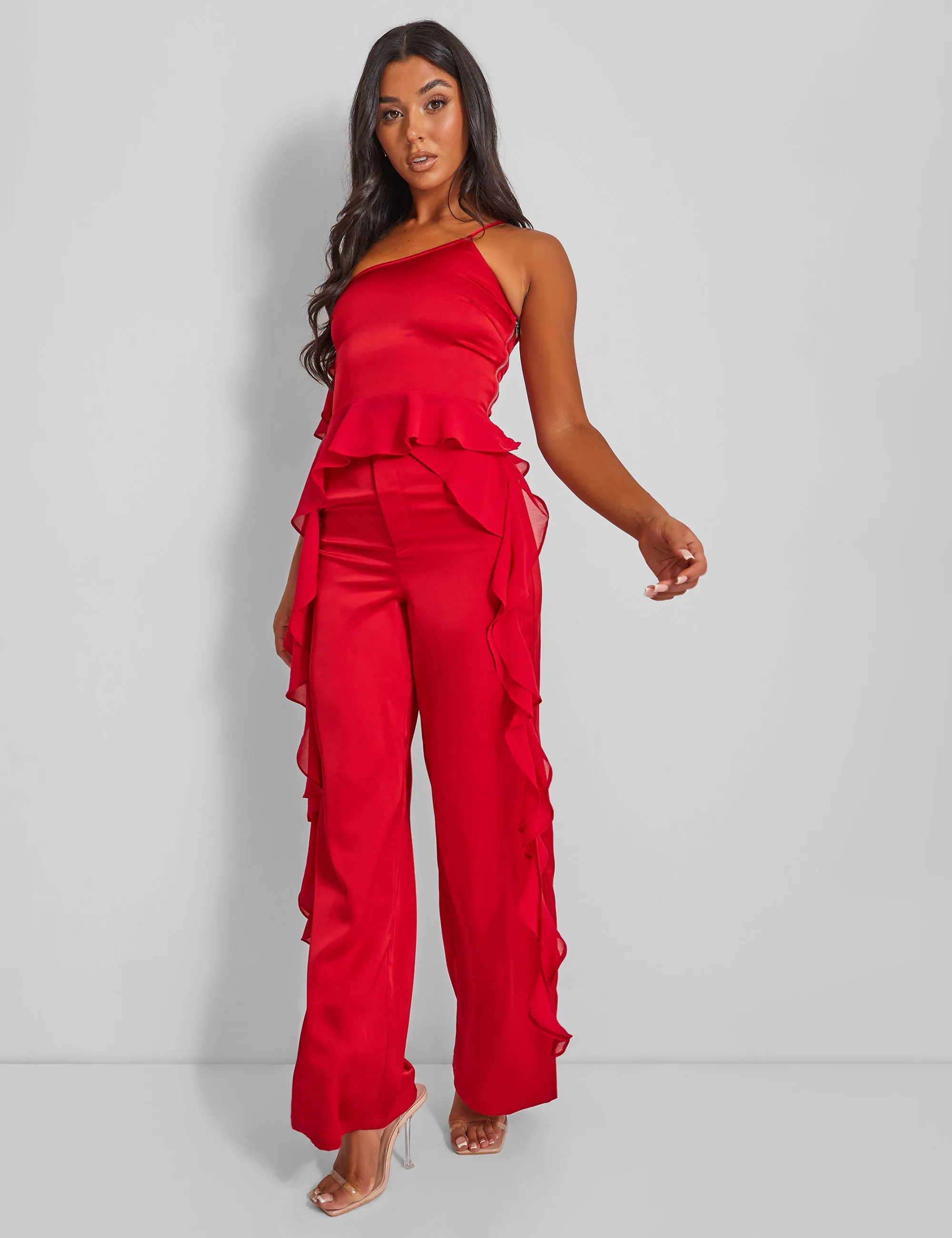 Kaiia Chiffon Ruffle Cami Top in Red sold by Public Desire