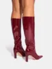 Pose Burgundy Patent Zip Knee High Slim Block Heeled Boots sold by Public Desire