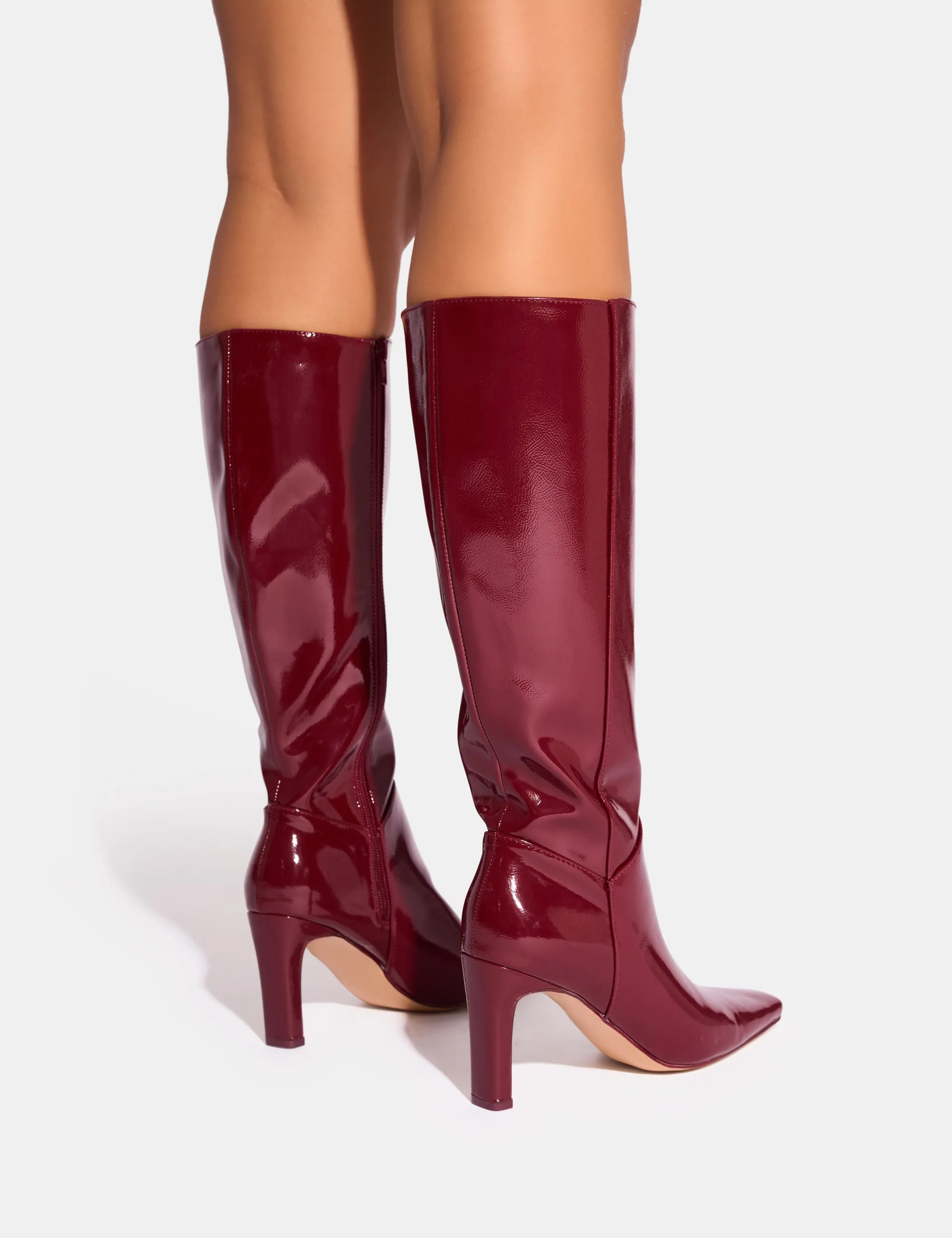 Pose Burgundy Patent Zip Knee High Slim Block Heeled Boots sold by Public Desire product image thumbnail 3