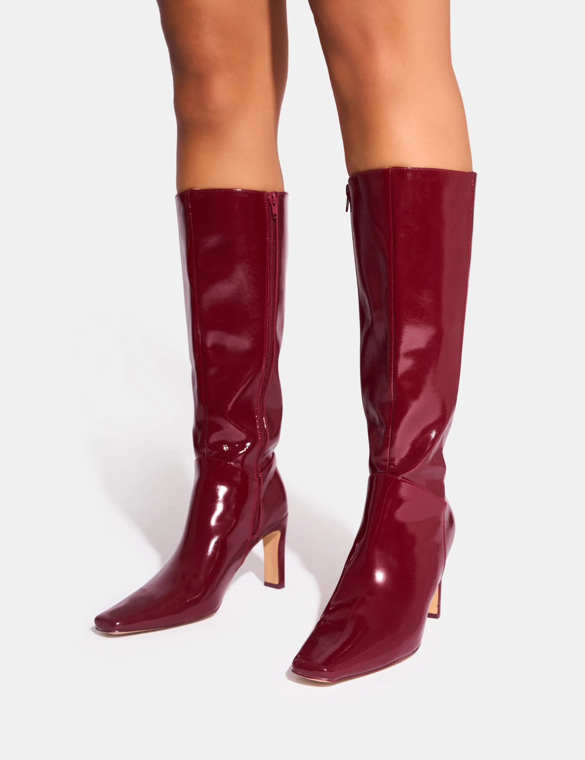 Pose Burgundy Patent Zip Knee High Slim Block Heeled Boots sold by Public Desire product image thumbnail 4