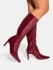 Pose Burgundy Patent Zip Knee High Slim Block Heeled Boots sold by Public Desire