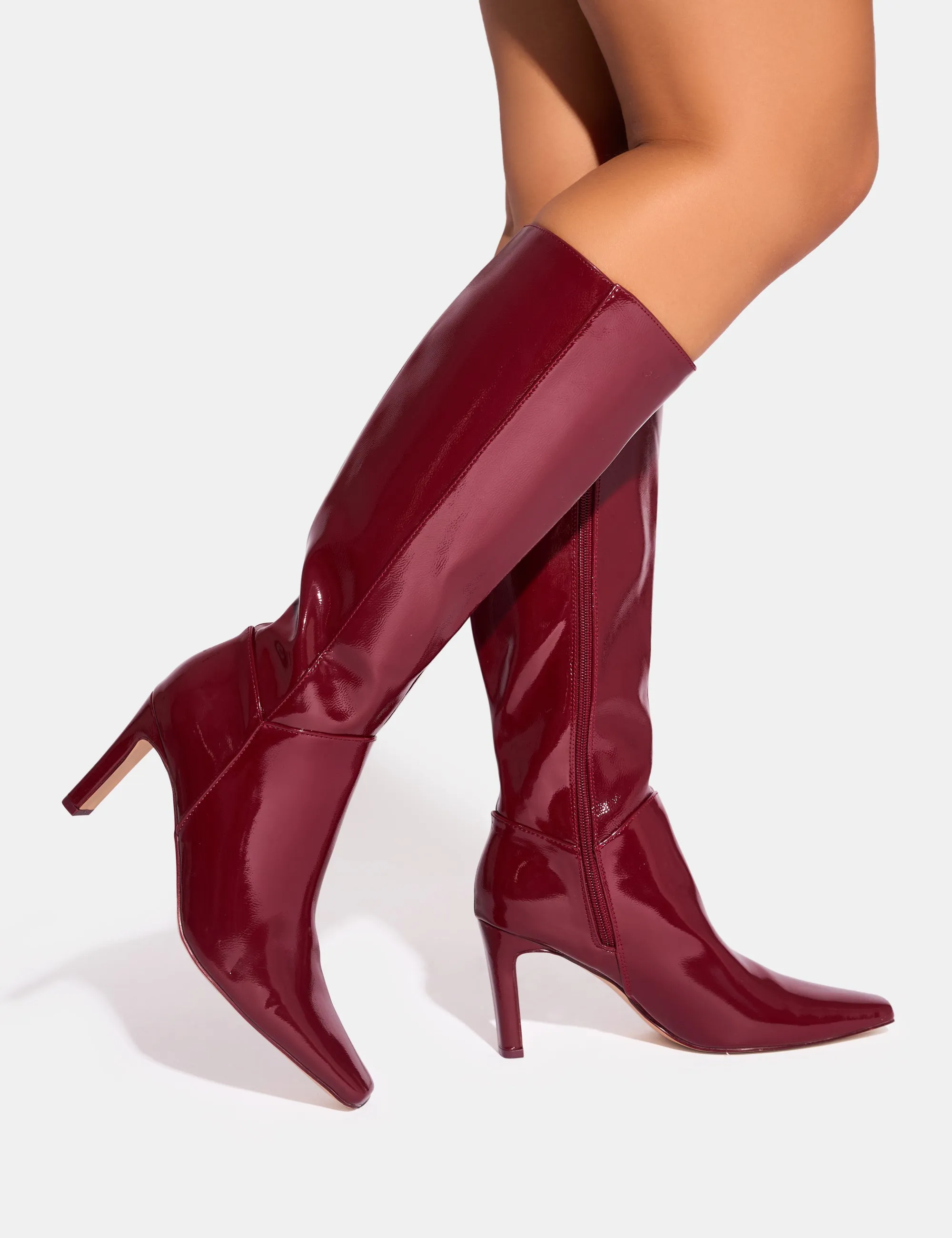 Pose Burgundy Patent Zip Knee High Slim Block Heeled Boots sold by Public Desire product image thumbnail 2