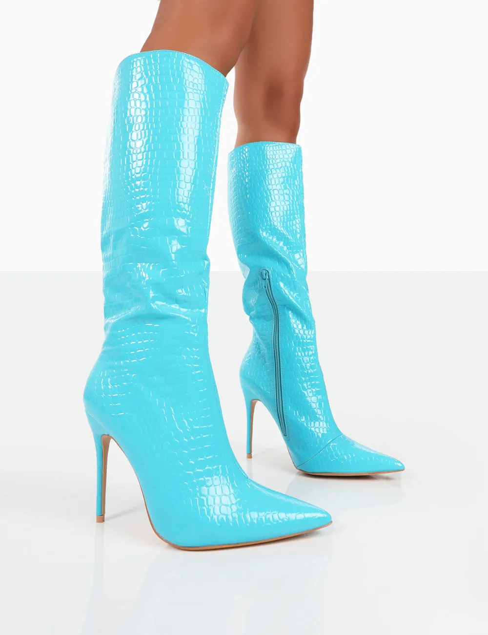 Horizon Wide Fit Blue Patent Knee High Boots sold by Public Desire