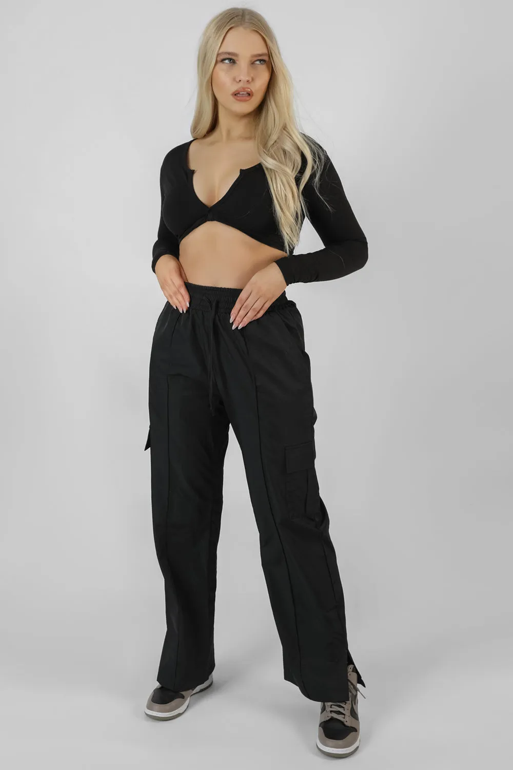 Twist Front Long Sleeve Crop Top Black sold by Public Desire