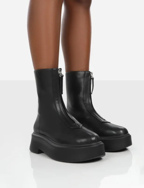 Indigo Black PU Platform Chunky Sole Zip Through Ankle Boot sold by Public Desire