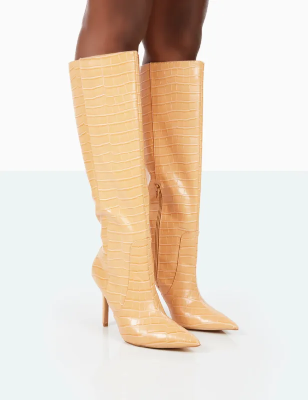 Best Believe Caramel Croc Pointed Toe Stiletto Heeled Knee High Boots sold by Public Desire