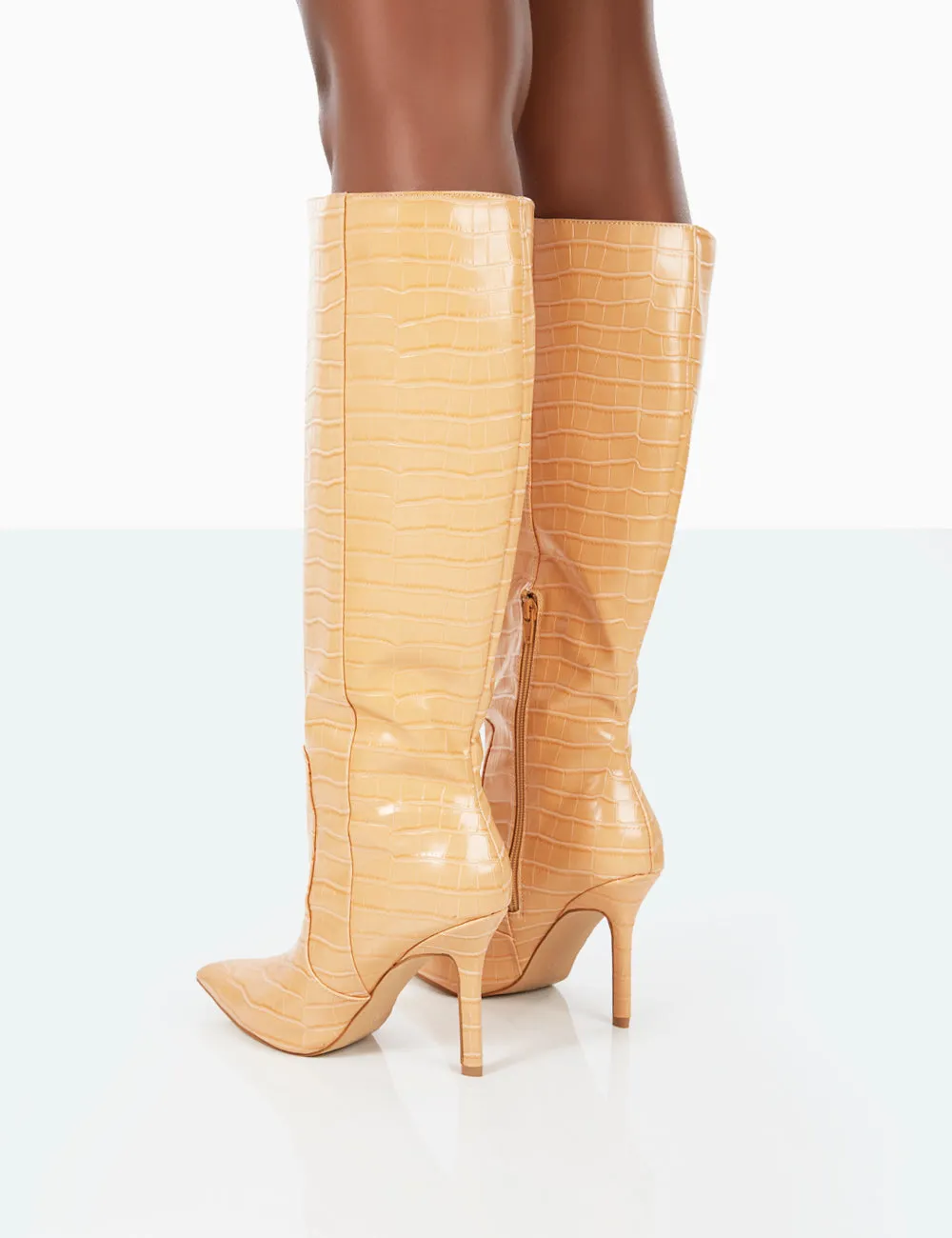 Best Believe Caramel Croc Pointed Toe Stiletto Heeled Knee High Boots sold by Public Desire product image thumbnail 4