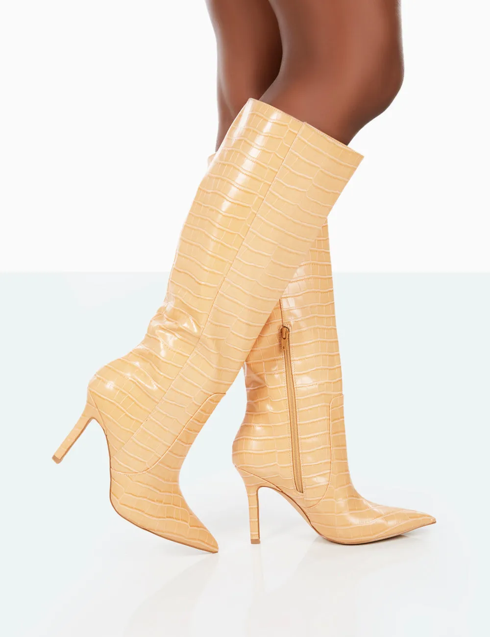 Best Believe Caramel Croc Pointed Toe Stiletto Heeled Knee High Boots sold by Public Desire product image thumbnail 3
