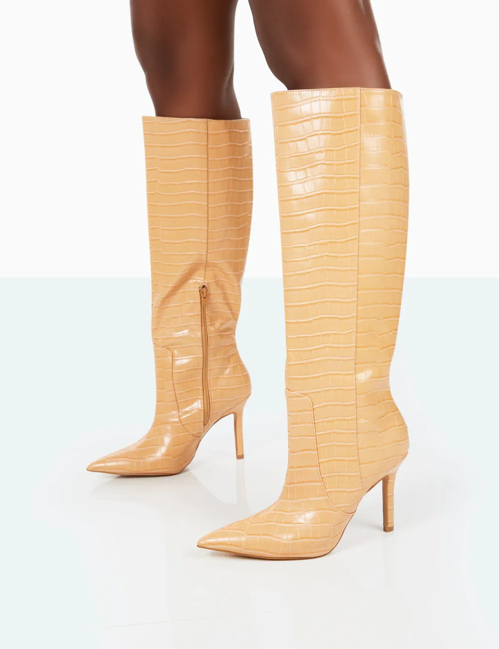 Best Believe Caramel Croc Pointed Toe Stiletto Heeled Knee High Boots sold by Public Desire product image thumbnail 5