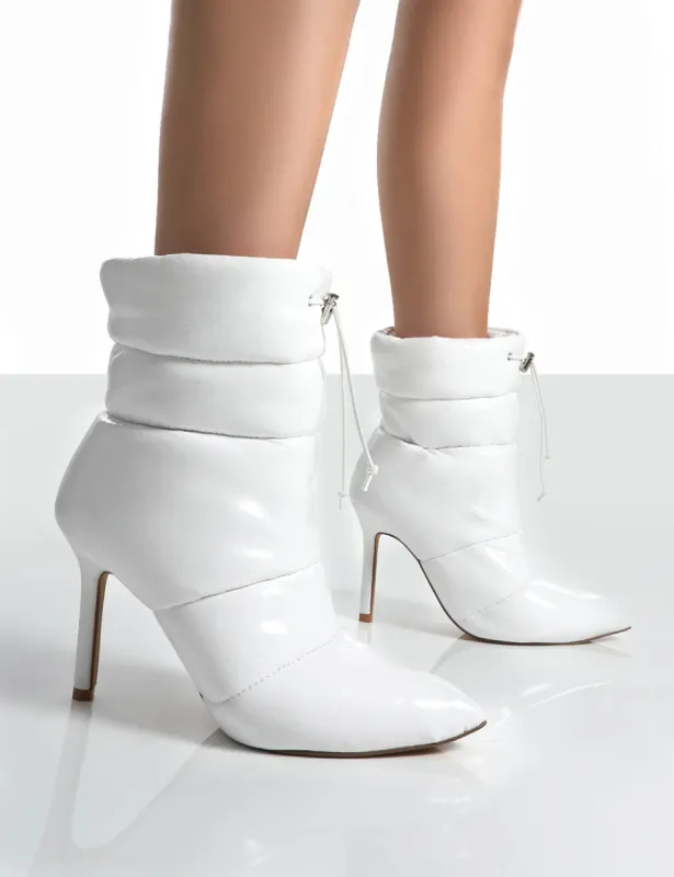 Reset White Patent Puffer Drawstring Stiletto Heeled Boots sold by Public Desire