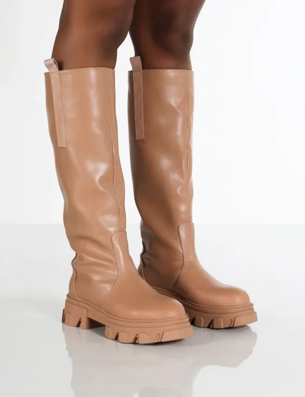 Genius Wide Fit Tan Knee High Platform Chunky Sole Boots sold by Public Desire