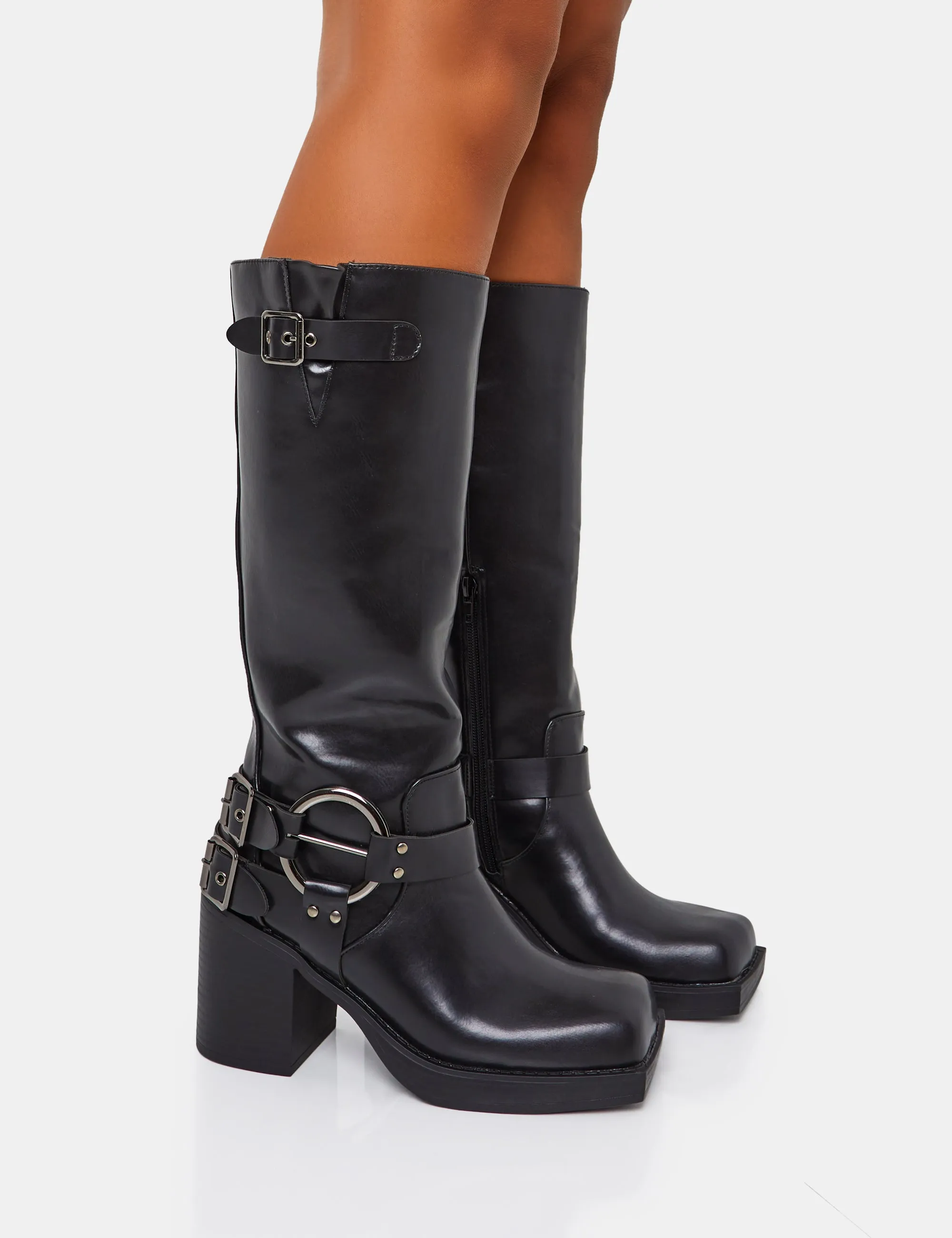 Jen Biker Black Buckle Silver Detail Block Heel Knee High Boots sold by Public Desire