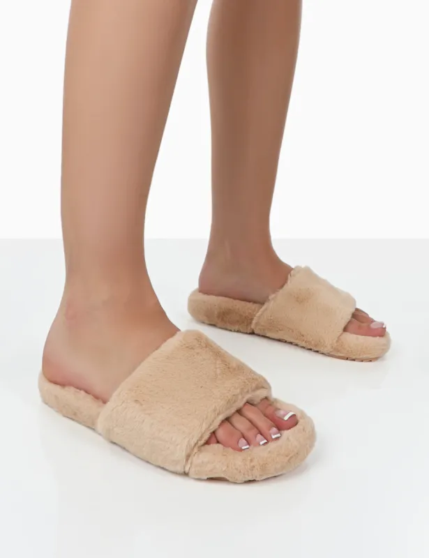 Namaste Beige Fluffy Faux Fur Slippers sold by Public Desire