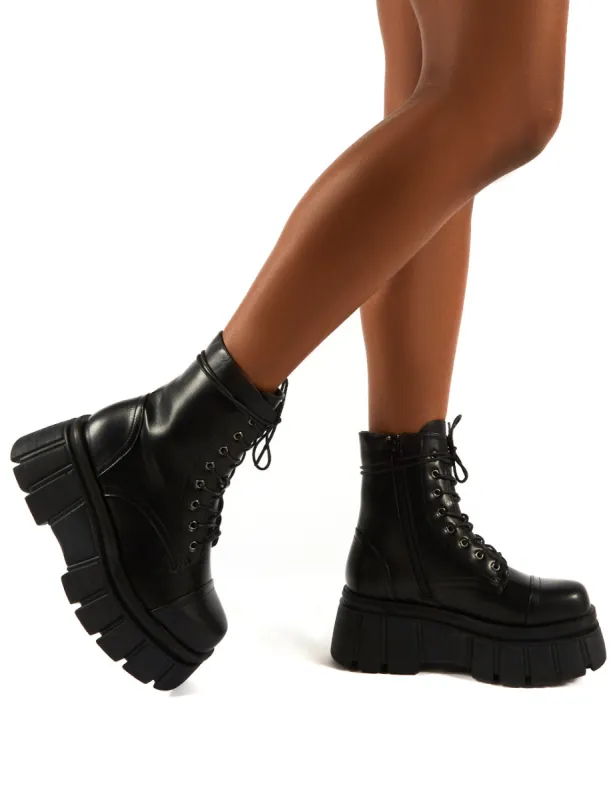 Trooper Black PU Lace Up Chunky Sole Ankle Boots sold by Public Desire
