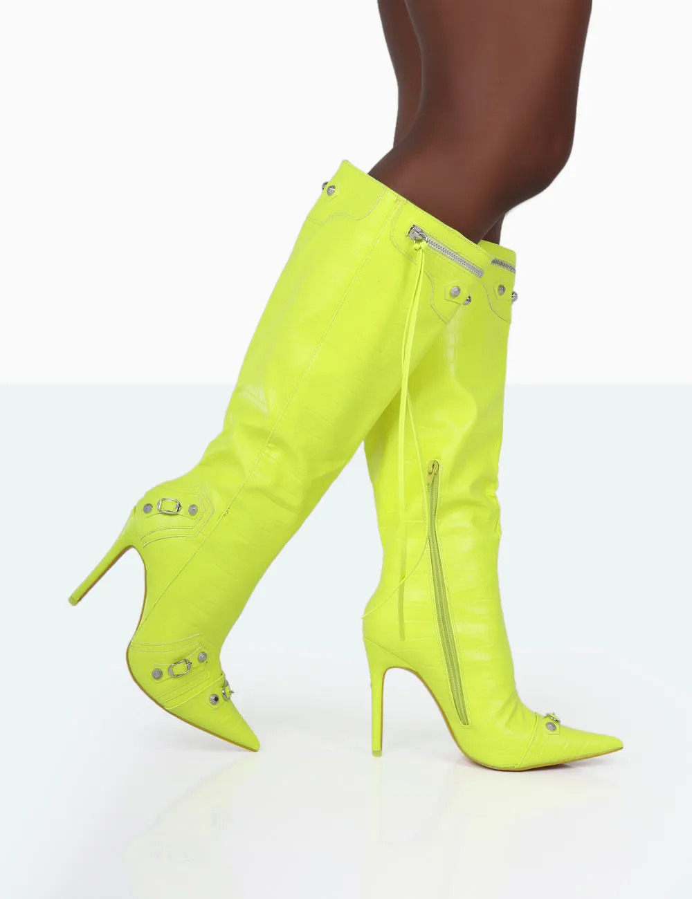 Davina Neon Yellow Croc Pointed Toe Zip Detail Knee High Boots sold by Public Desire product image thumbnail 2