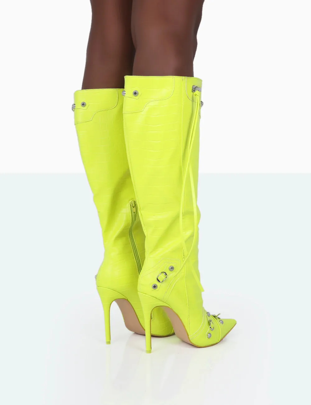 Davina Neon Yellow Croc Pointed Toe Zip Detail Knee High Boots sold by Public Desire product image thumbnail 4