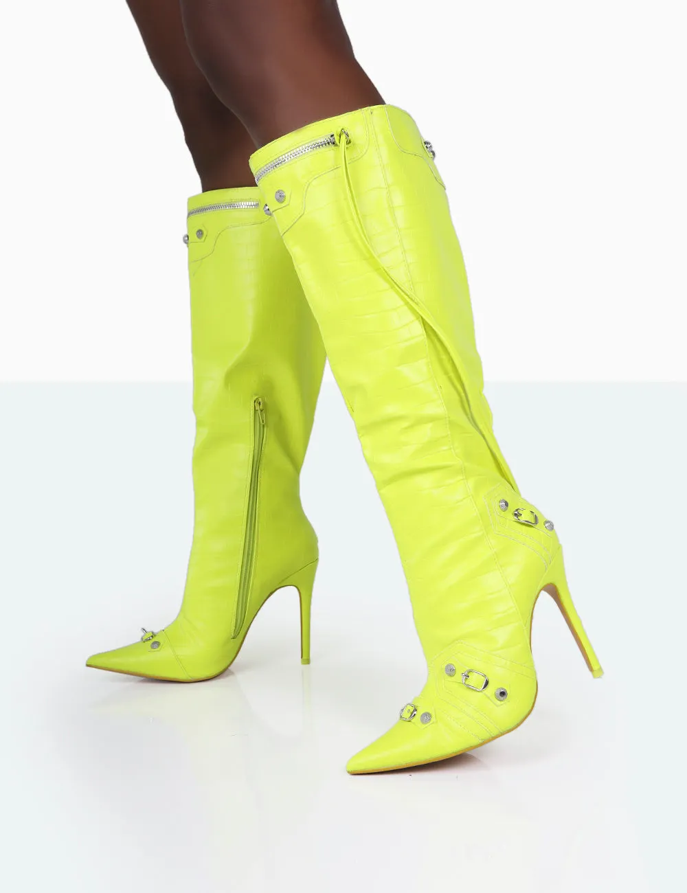 Davina Neon Yellow Croc Pointed Toe Zip Detail Knee High Boots sold by Public Desire product image thumbnail 3