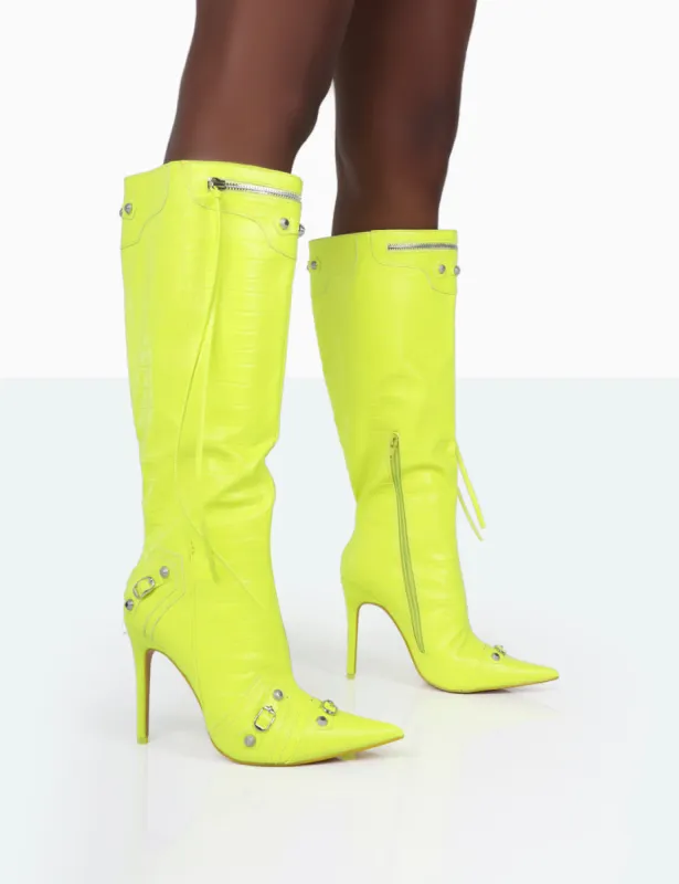 Davina Neon Yellow Croc Pointed Toe Zip Detail Knee High Boots sold by Public Desire