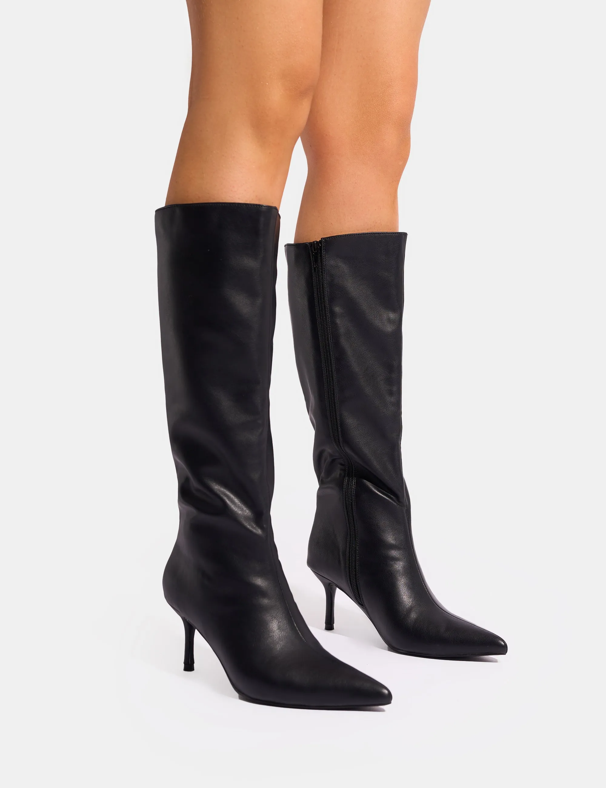 Amped Black Pointed Toe Mid Heel Knee High Boots sold by Public Desire