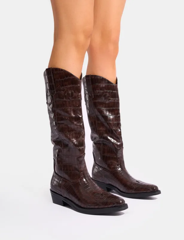Apollo Brown Croc Wide Fit Flat Western Knee High Boots sold by Public Desire