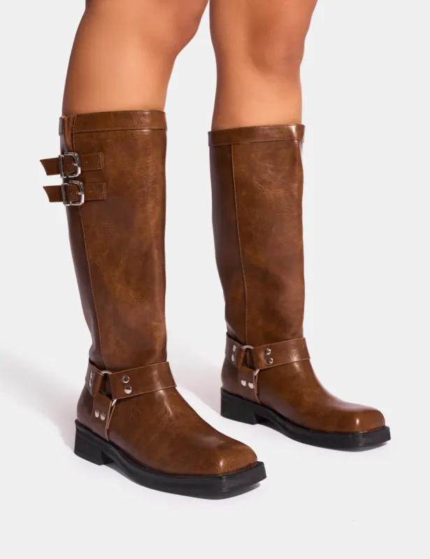 Sirius Tan Vintage Buckle Knee Hight Flat Boots sold by Public Desire