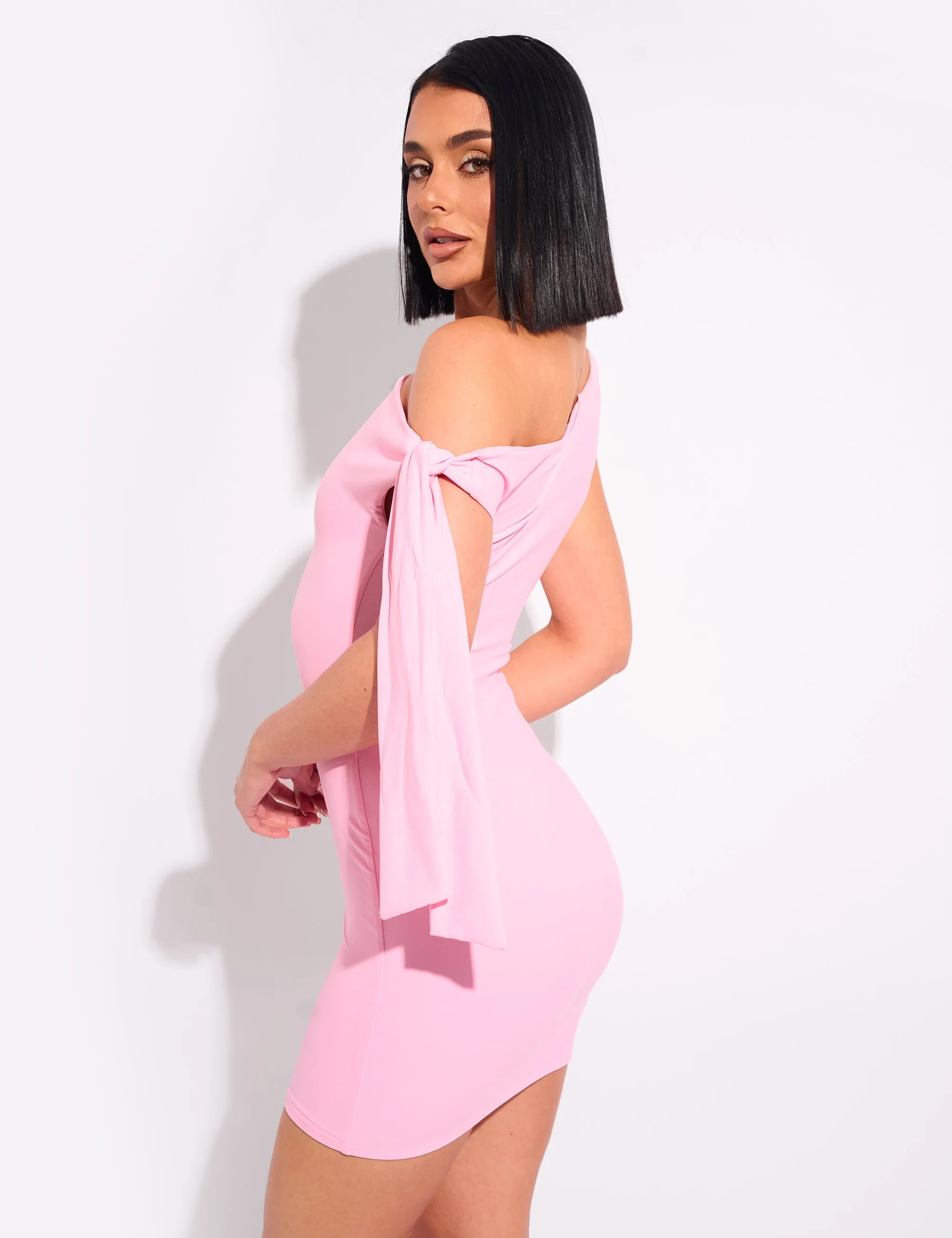 Knot Detail Asymmetric One Shoulder Luxe Slinky Mini Dress Pink sold by Public Desire product image thumbnail 2