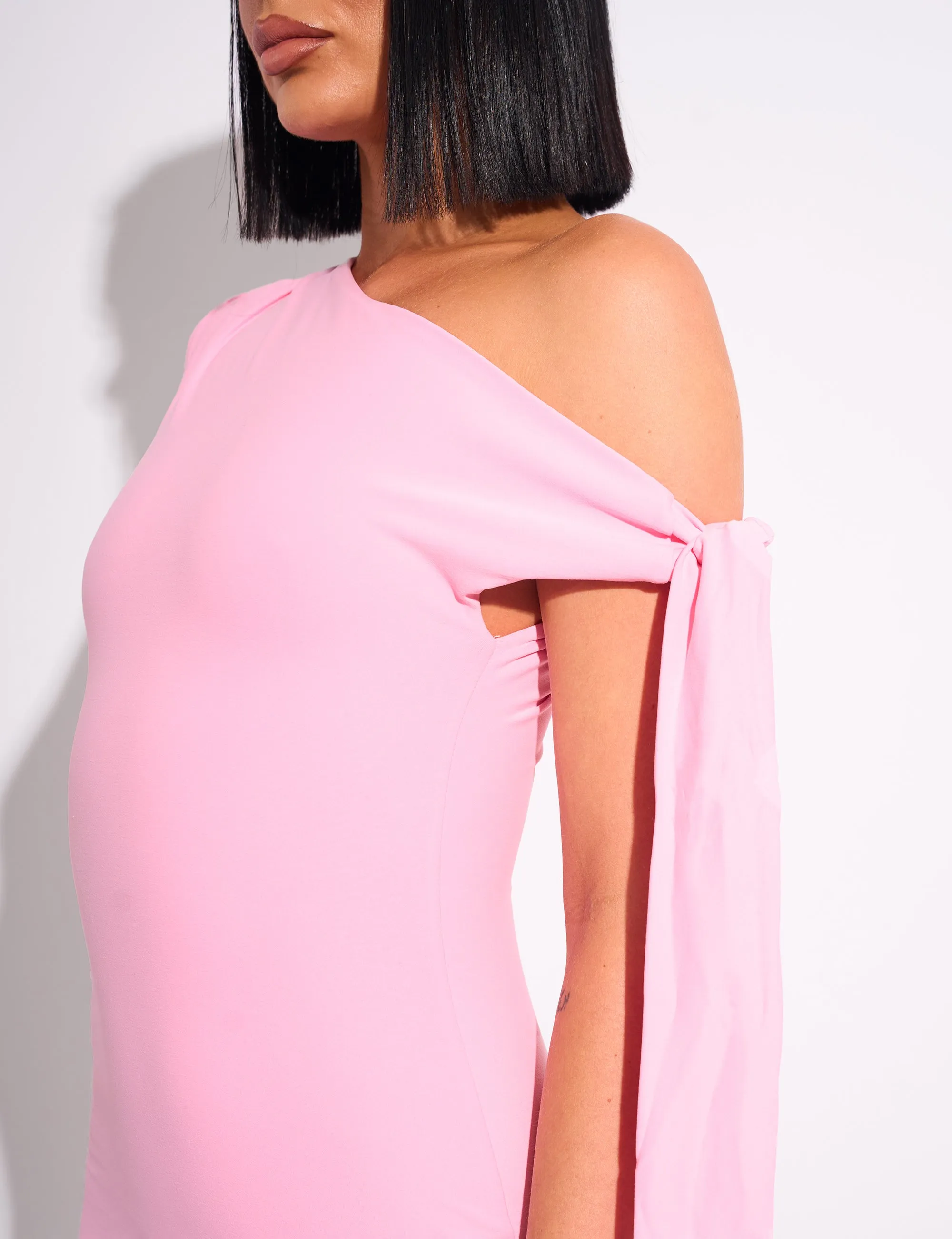 Knot Detail Asymmetric One Shoulder Luxe Slinky Mini Dress Pink sold by Public Desire product image thumbnail 4